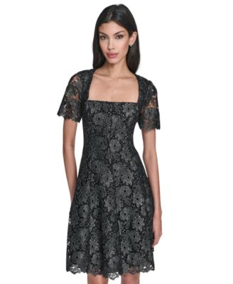 Petite Square Neck Lace Fit and Flare Dress