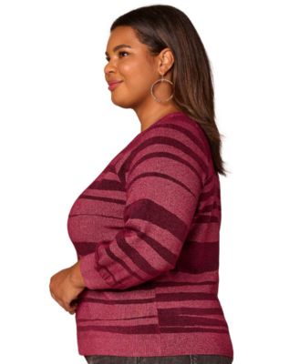 Plus Size 3/4-Blouson Raglan Sleeve Stripe Sweater