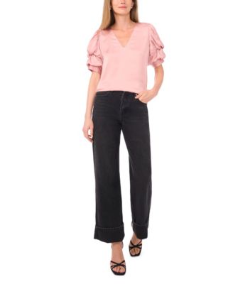 Women's Short Bubble Sleeve V-Neck Top