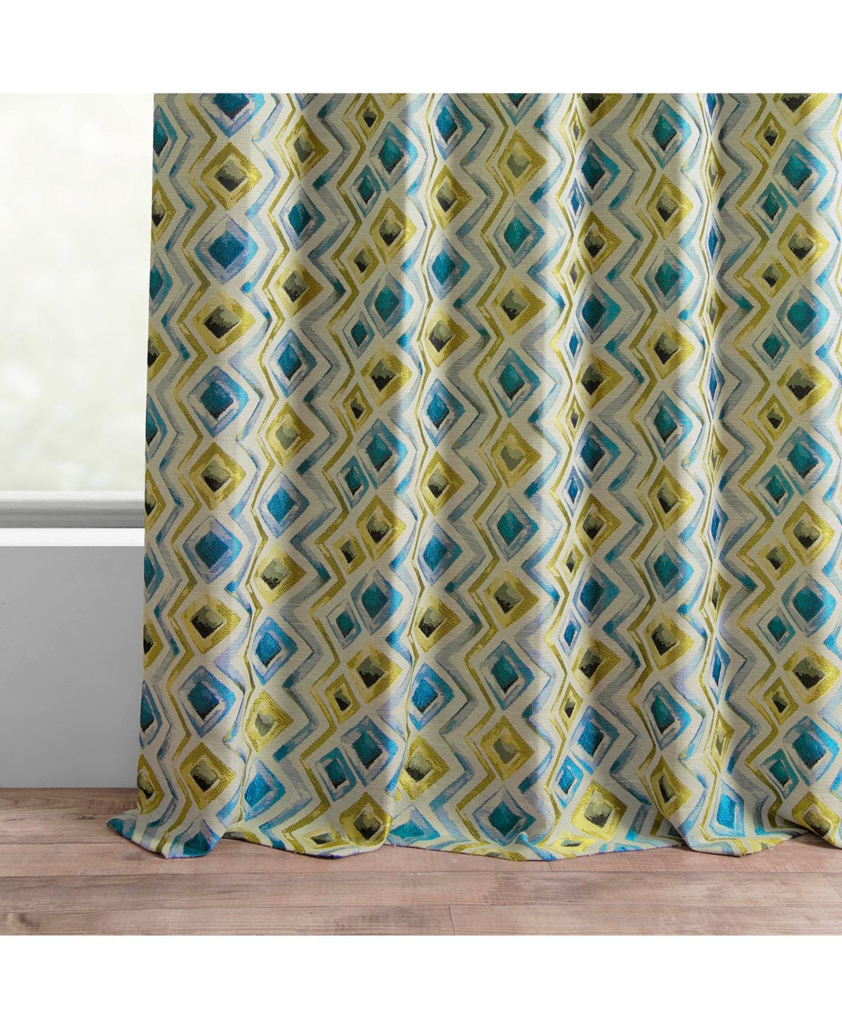 Half Price Drapes Zanni Multi Blue Green Geometric Faux Silk Jacquard Room Darkening Curtain
