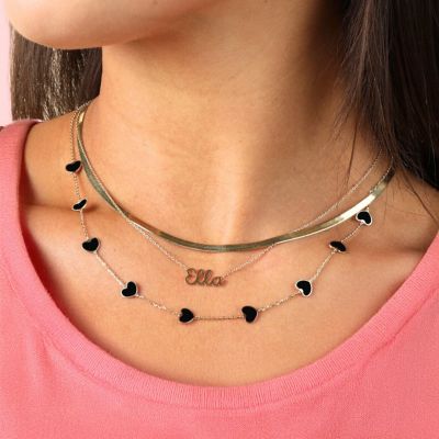 Onyx Heart Station Necklace 14K Gold