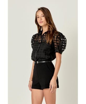 Women's Short Sleeve Organza Grid Blouse