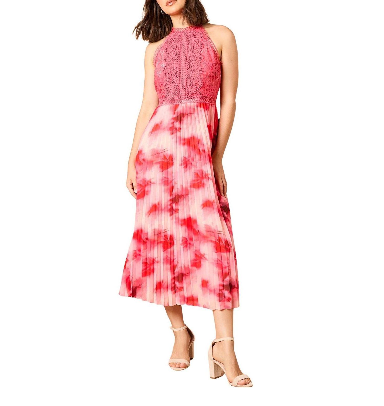 Women's Printed Lace Mix Halterneck Midi Dress