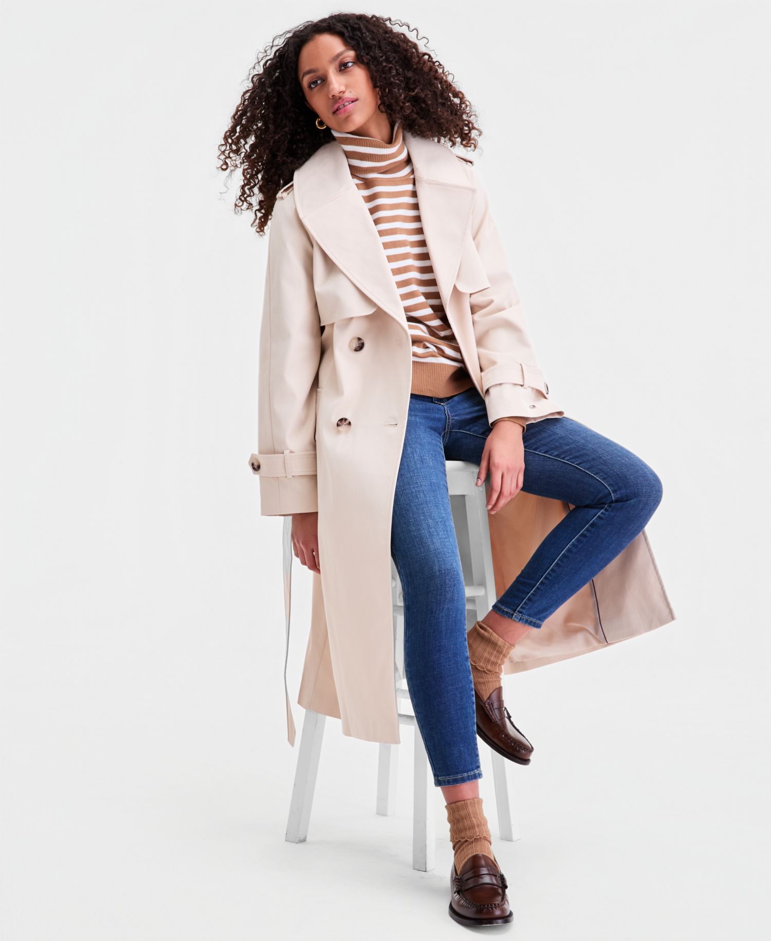 Petite Double-Breasted Belted Trench Coat