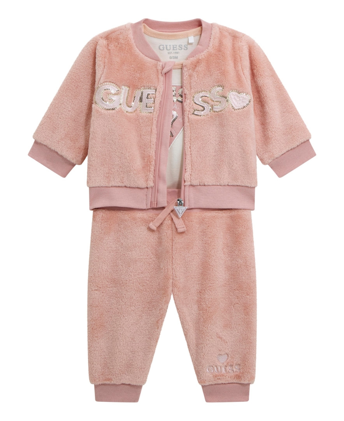 Guess Baby Girls 3-piece Long-sleeve Jacket, Bodysuit And Sweatpants Set In Multi