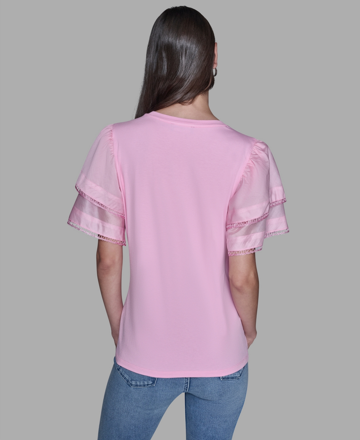 Karl Lagerfeld Floral Knit Flutter Sleeve Top In Pink