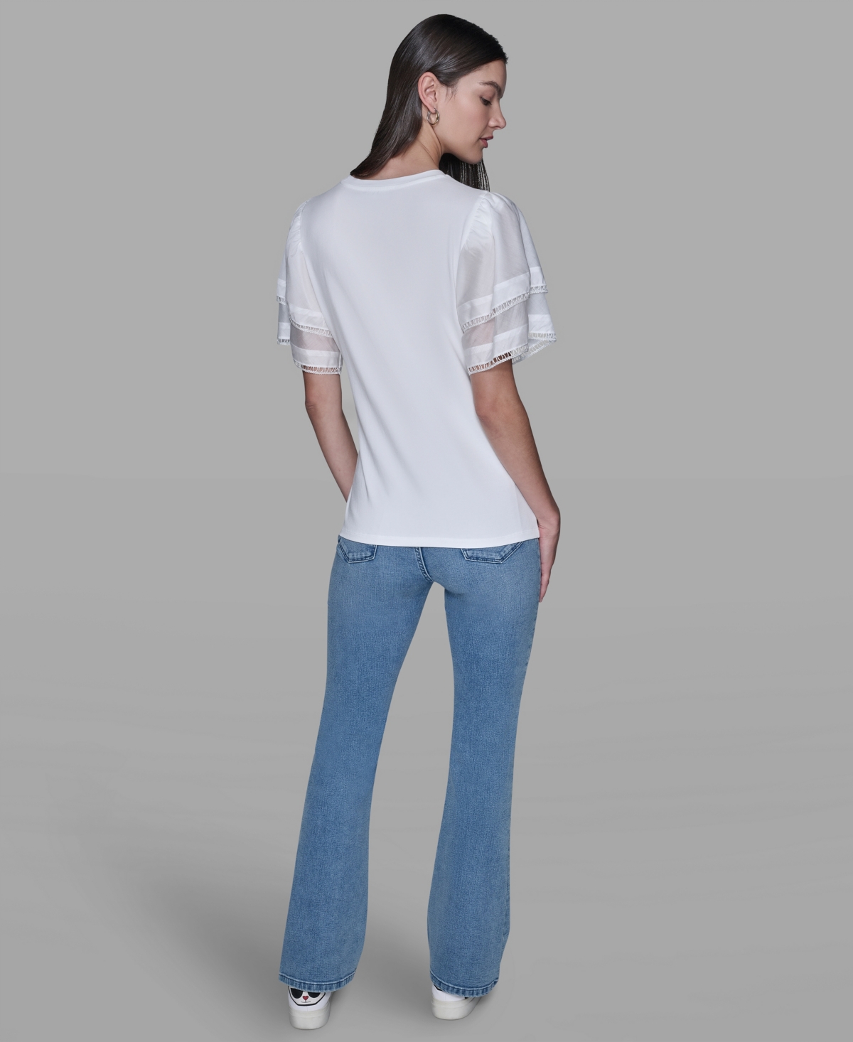 Karl Lagerfeld Women's Ruffled Crewneck Floral Top In White