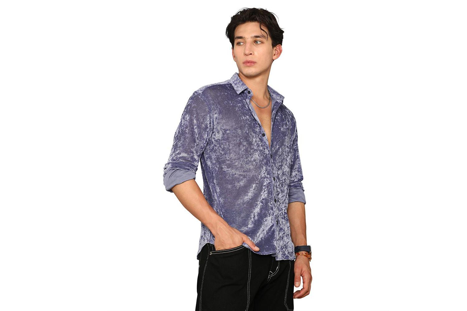Men's Cornflower Blue Solid Velvet Shirt