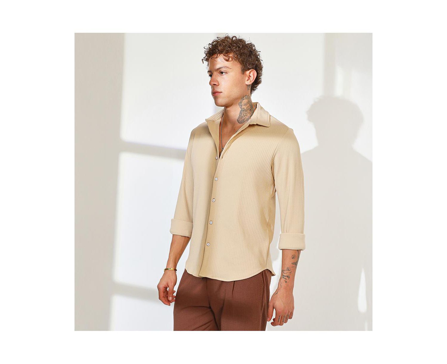 Men's Butter Yellow Stripe-Creased Shirt