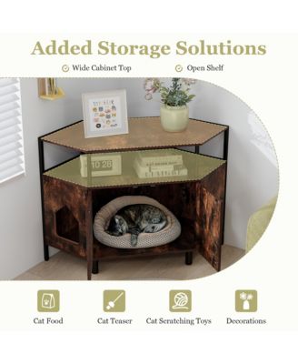 Corner Cat Litter Box Enclosure End Table w/ Open Shelf 2 Entries Double Doors