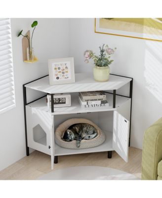 Corner Cat Litter Box Enclosure End Table w/ Open Shelf 2 Entries Double Doors