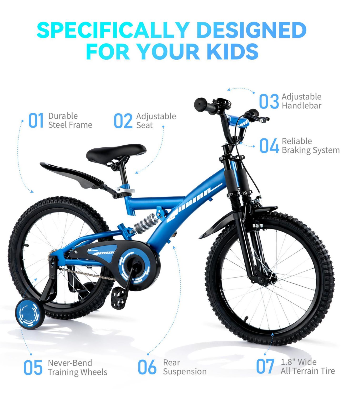 Детская игрушка SUGIFT 18-Inch Kids' Bike with Training Wheels, Adjustable Seat & Coaster Brake, Ages 4-9, цвет: Синий — фото 4