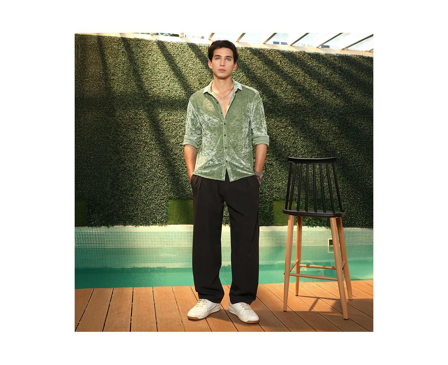 Men's Sage Green Solid Velvet Shirt