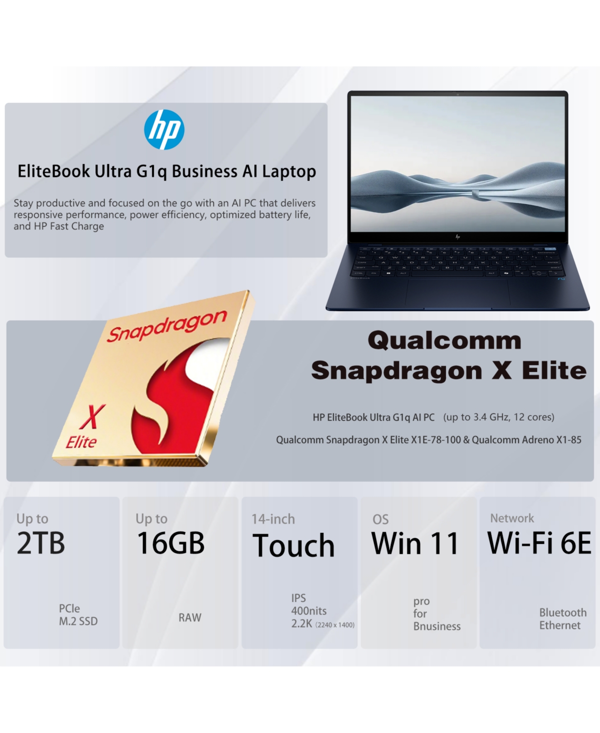 Hp EliteBook Ultra 14" 2.2K Business Laptop, Snapdragon X Elite X1E-78-100, Adreno X1-85, 16GB Ram, 512GB Ssd, Win 11 Pro, Blue