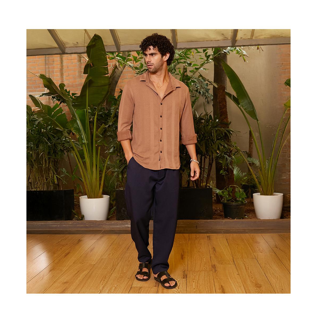 Campus Sutra Men's Tan Brown Scale-Tactile Shirt