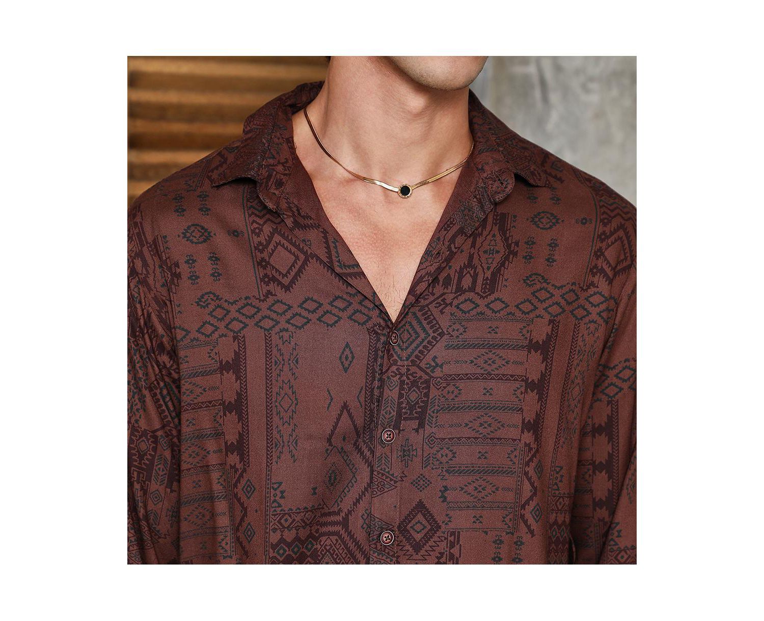 Men's Russet Brown Aztec-Imprint Shirt