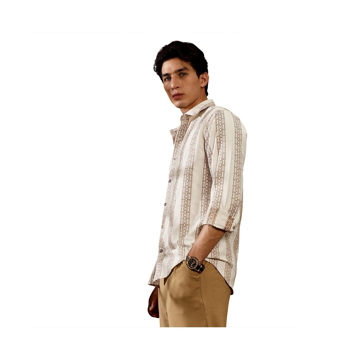 Campus Sutra Men's Ash Brown & Off-White Indie-Stripe Jacquard Shirt