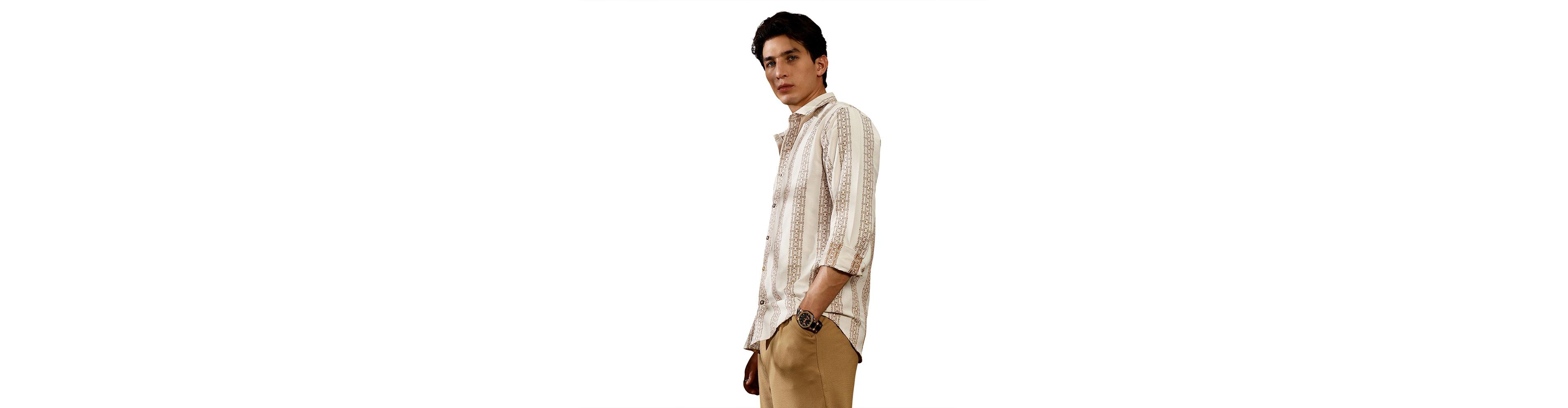 Campus Sutra Men's Ash Brown & Off-White Indie-Stripe Jacquard Shirt