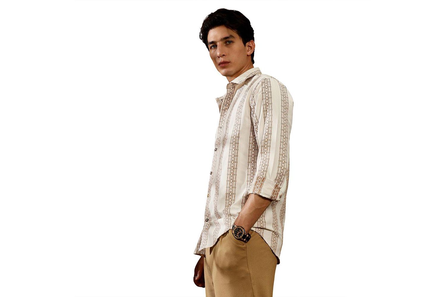 Men's Ash Brown & Off-White Indie-Stripe Jacquard Shirt