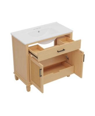 36" Rattan Bathroom Vanity with Ceramic Sink, Soft-Close Doors & Large Storage, Free-Standing Solid Wood Design, Natural