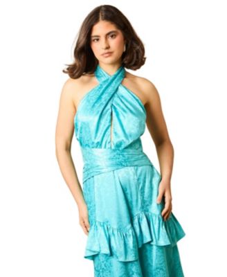 Women's Halterneck Satin Jacquard Midi Dress