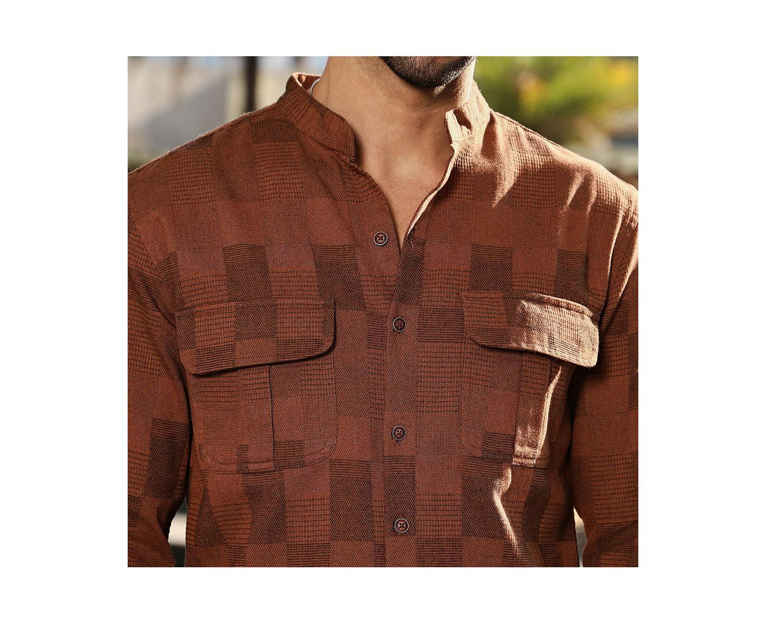 Men's Russet Brown Mandarin Utility Shirt