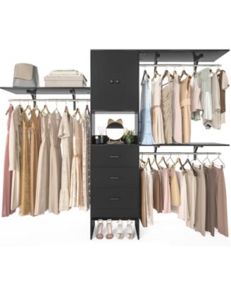96-Inch Closet Organizer System with 3 Wood Drawers, Shelving Towers and Hanging Rods, 8-Foot Closet System with Doors