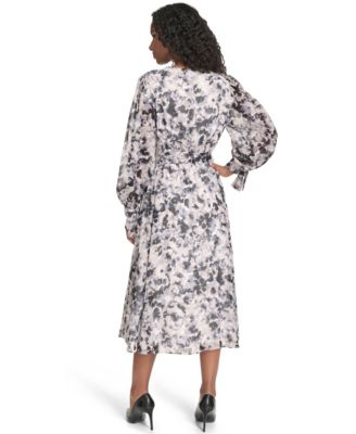Petite Floral Long-Sleeve Midi Dress