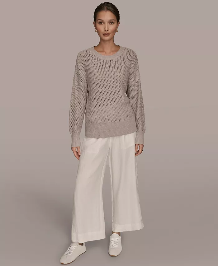 Women's Bracelet Sleeve Open Stitch Cotton Blend Crewneck Sweater - thumbnail 7