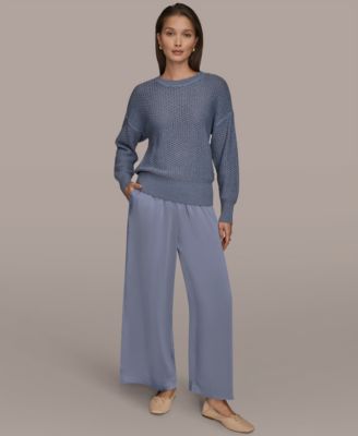 Women's Bracelet Sleeve Open Stitch Cotton Blend Crewneck Sweater