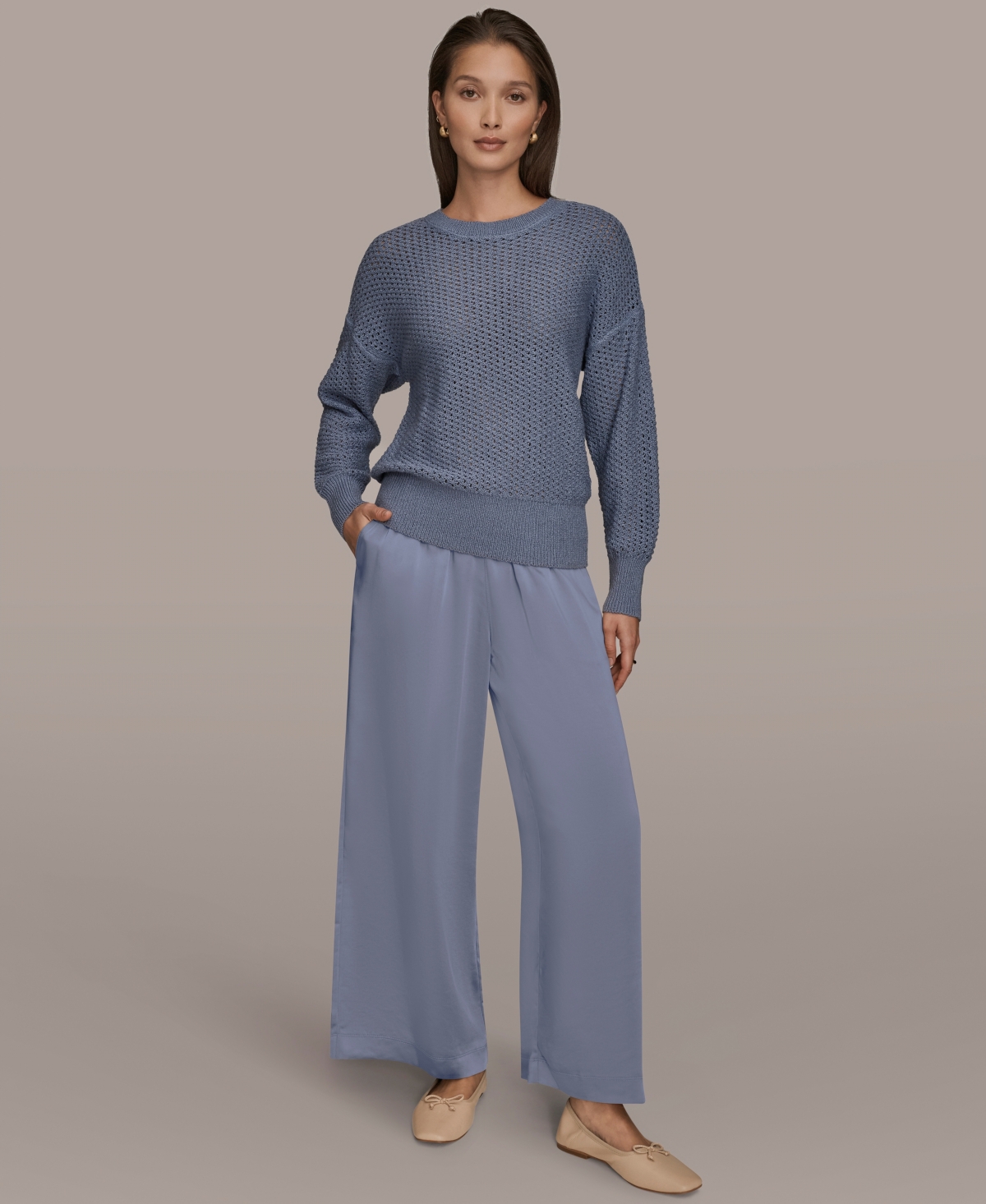 Donna Karan Weekend Women's Open Stitch Crewneck Sweater In Gray