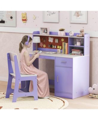 Kids Study Desk and Chair Set Wooden Children Writing Table with Shelves & Drawer