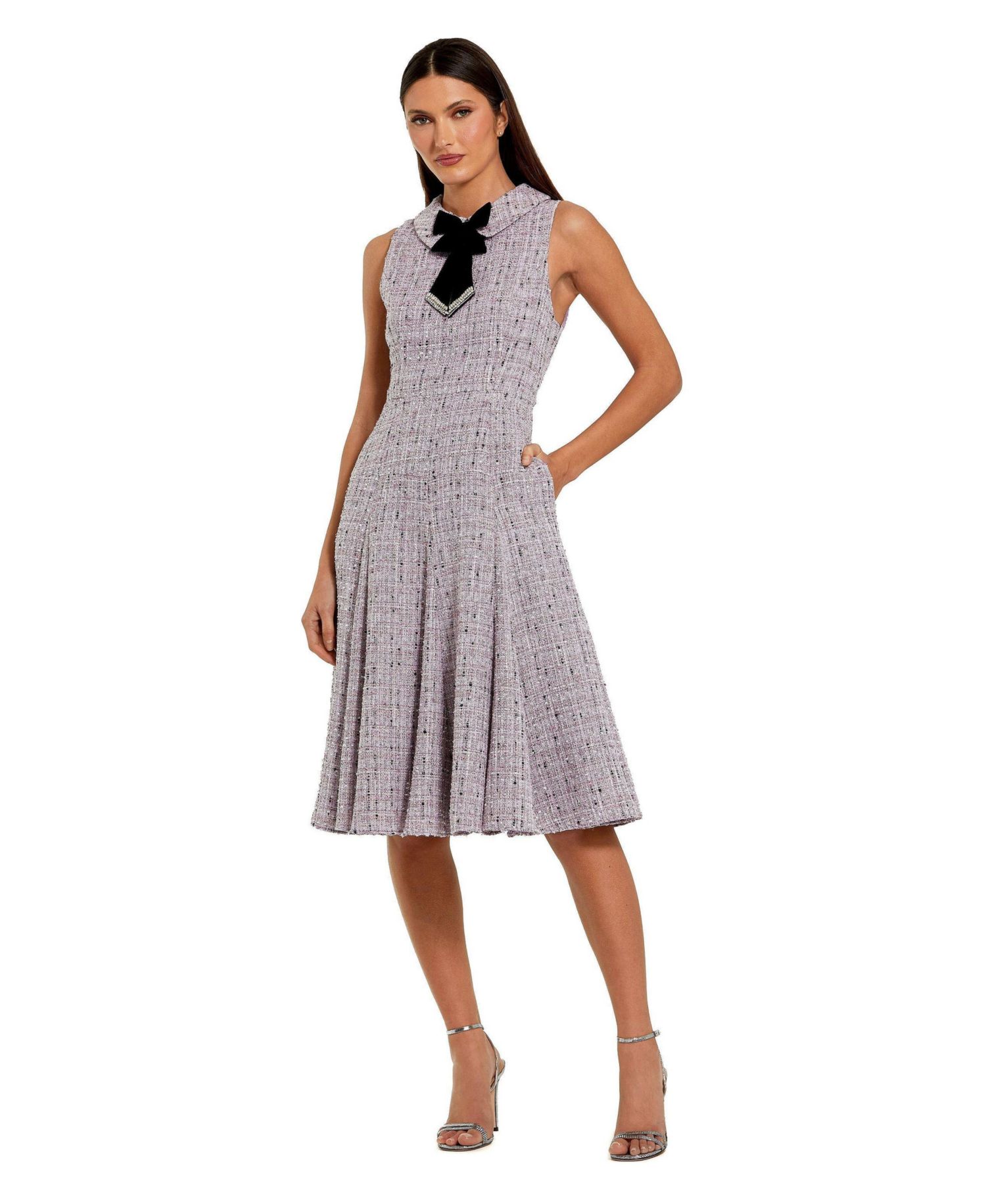 Women's Sleeveless Boucle A-Line Midi Dress With Bow
