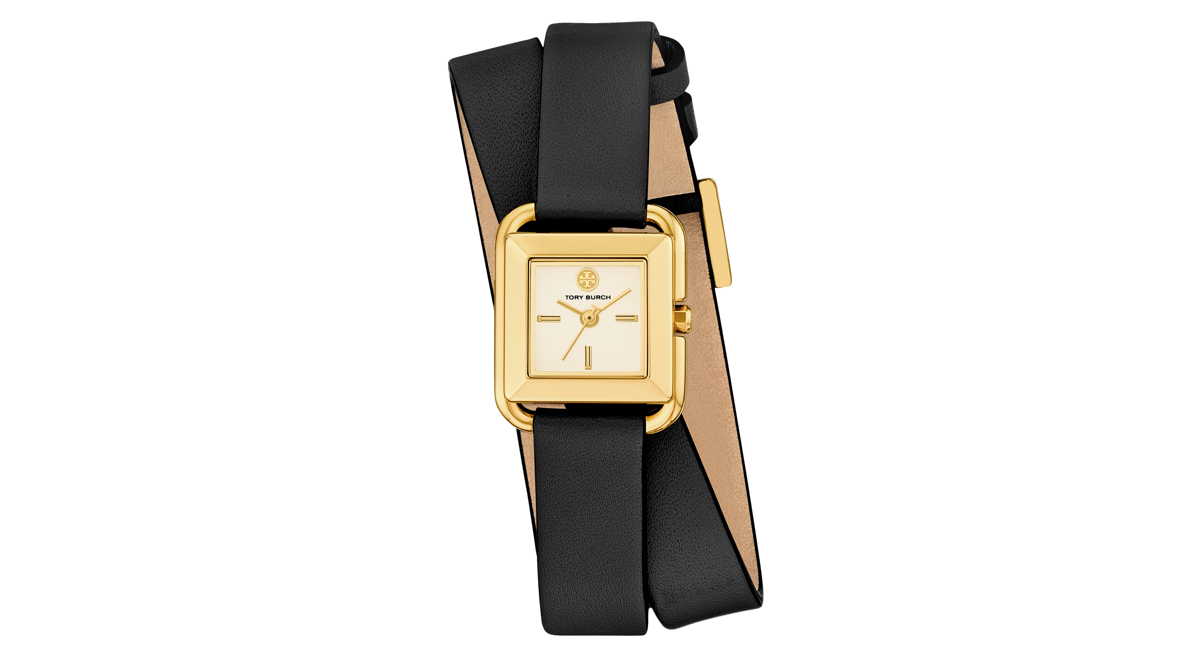 Tory Burch Women's The Kira Square Small Three Hand Black Leather, 19mm