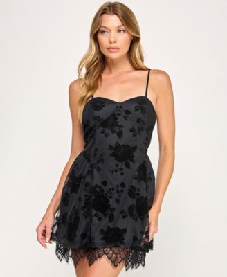 Juniors' Flocked Sleeveless Bustier Mini Dress