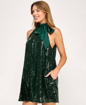 Juniors' High Neck Trapeze Mini Dress