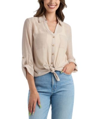 Juniors' Gauzy Texture Collared Button Up Shirt