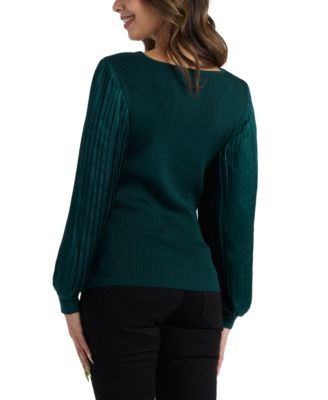 Juniors' V-Neck Pleated Sleeve Pull-On Sweater