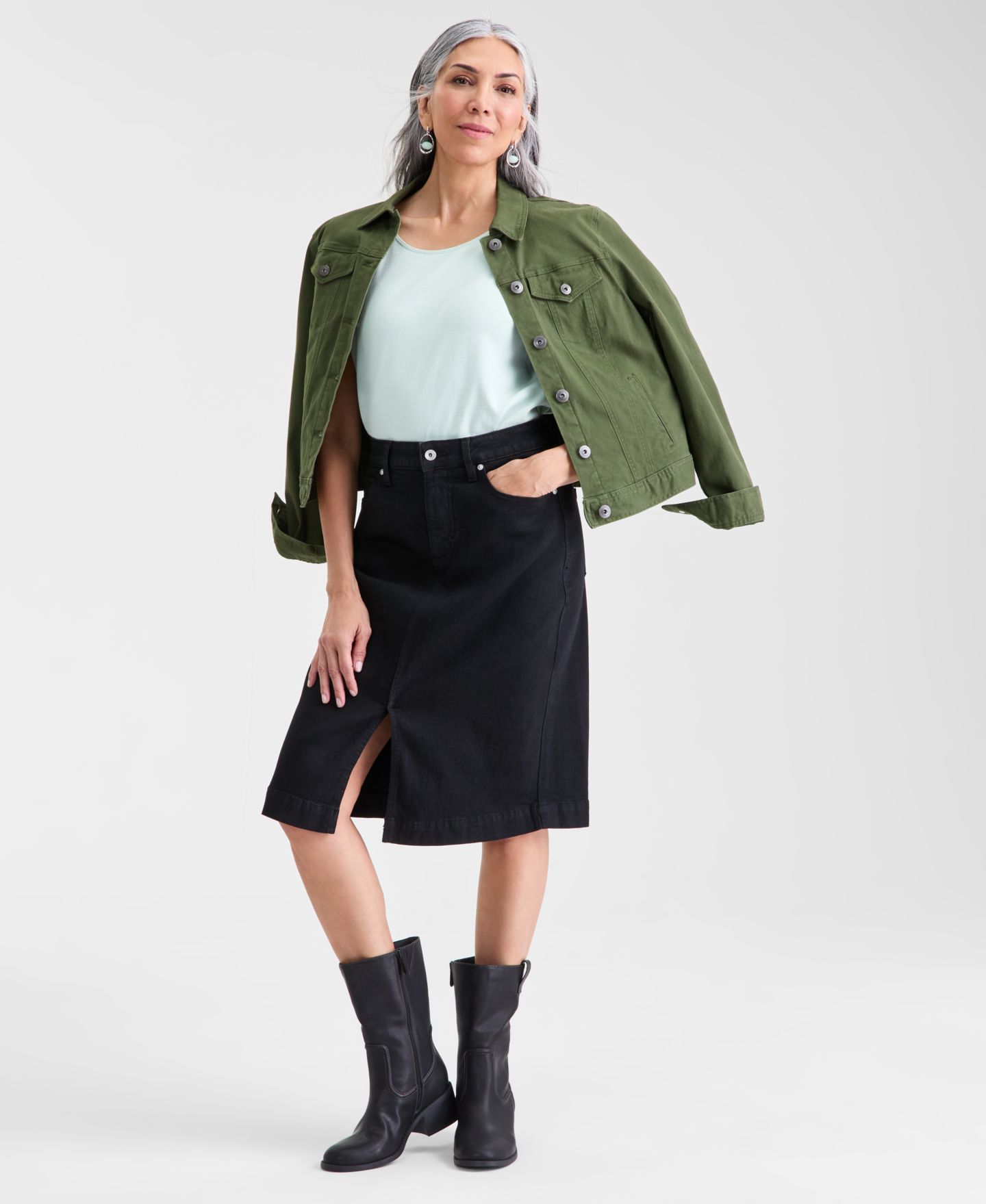 Женская юбка Style & Co Denim Slit Midi, цвет: Глубокий чёрный — фото 1