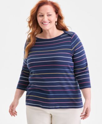 Women's Printed Pima Cotton 3/4 Sleeve Boat-Neck Top