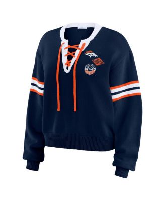 Women's Navy Denver Broncos Lace-Up Pullover Sweatshirt