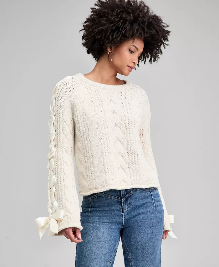 Women's Satin-Bow-Sleeve Sweater
