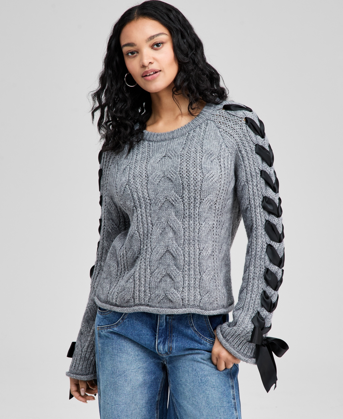 And Now This Petite Round-neck Satin-bow-sleeve Sweater, Macy's Exclusive In Gold