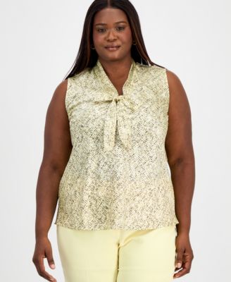 Kasper - Plus Size Printed Sleeveless Tie-Neck Blouse
