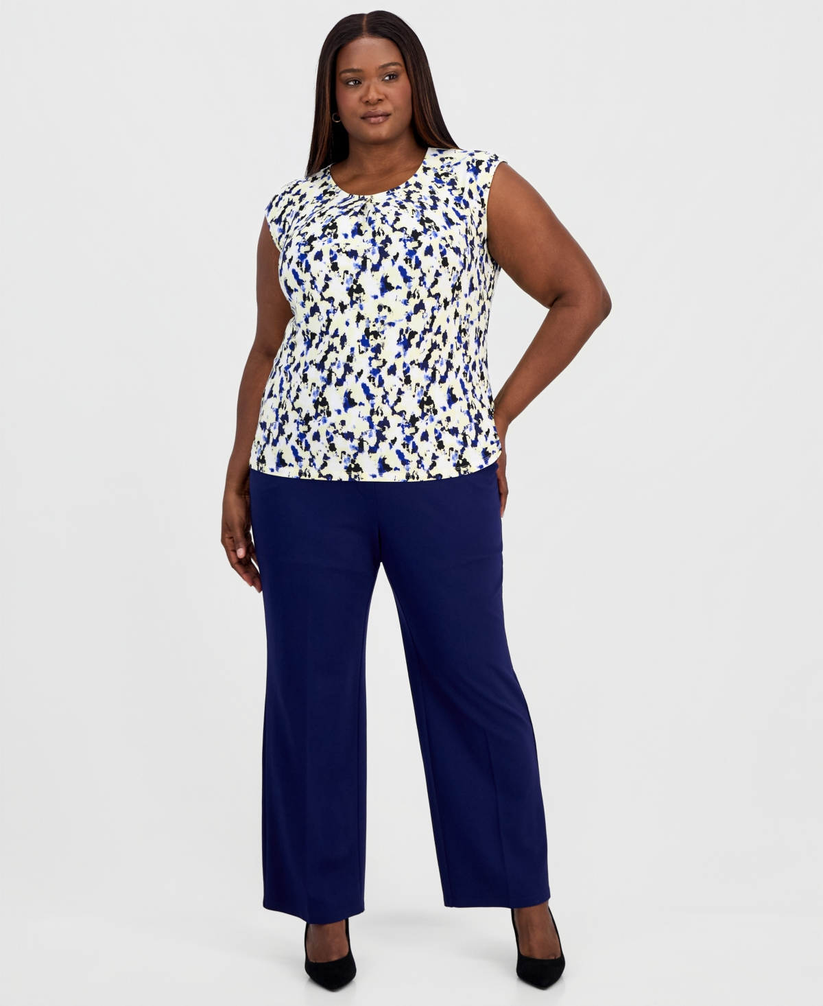 Kasper Plus Printed Extended-Shoulder Sleeveless Top
