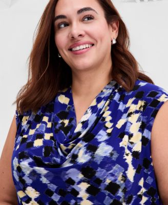 Plus Size Printed Sleeveless Cowl-Neck Top