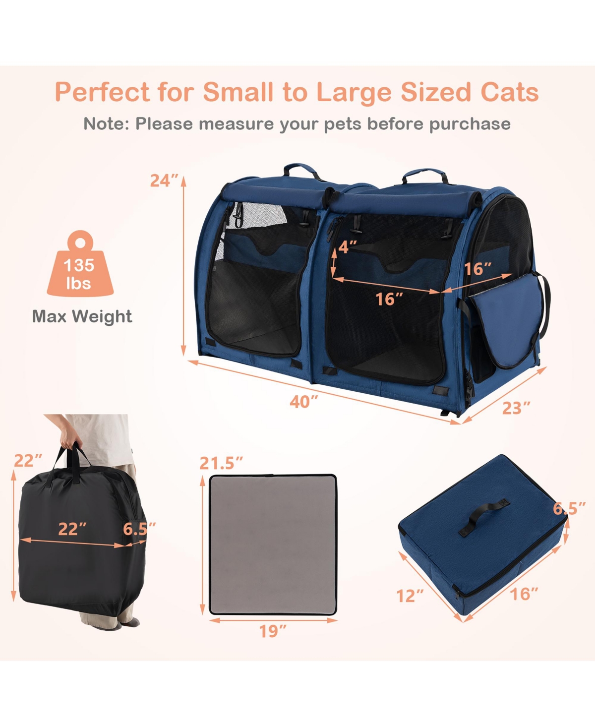 Gymax Portable Pet Carrier Kennel Cat Dog Crate Twin Compartments w/ Mats Litter Box