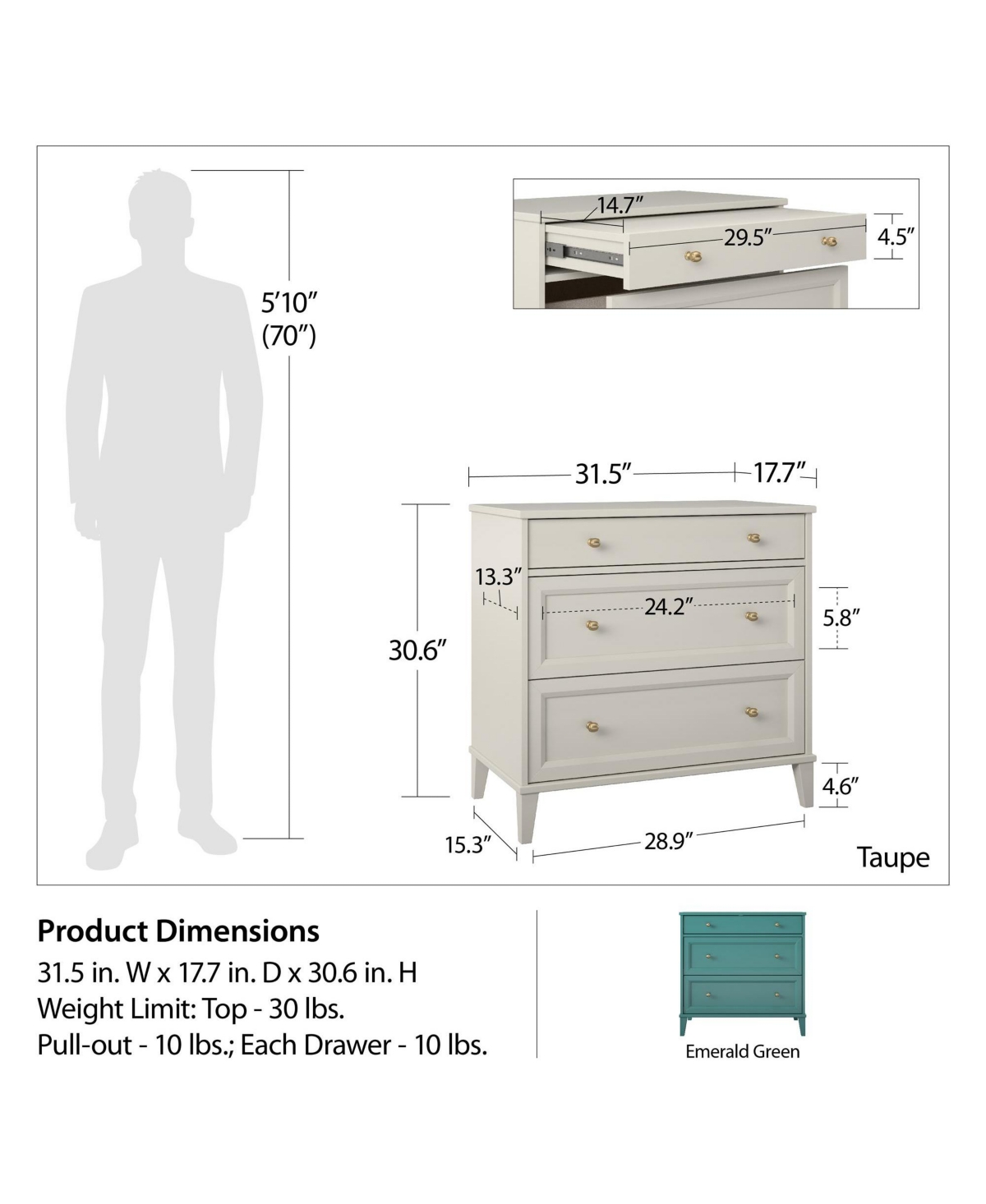 Airsurfer 2 Drawer Dresser with Pull Out Desk Modern Bedroom Storage Cabinet with Spacious Drawers for Bedroom Living Room or Home Office