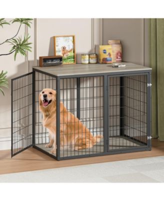 47 Inch Dog Crate Dog Cage Furniture with 3 Doors for Large and Medium Dogs Grey Durable Wooden Dog Kennel