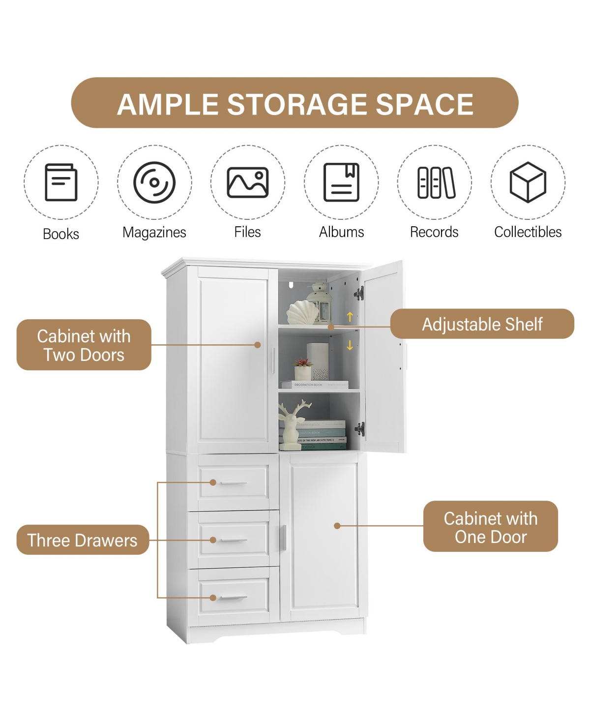Airsurfer Tall and Wide Storage Cabinet with Doors and Three Drawers White Freestanding Organizer for Bathroom Office and Living Room